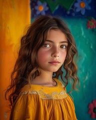 Portrait of a beautiful girl with curly hair in an orange dress on a background of a colorful wall. Young teen teenage girl with flowing chestnut curls, warm caramel-toned skin.