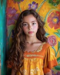 Portrait of a beautiful girl with curly hair in an orange dress on a background of a colorful wall. Young teen teenage girl with flowing chestnut curls, warm caramel-toned skin.