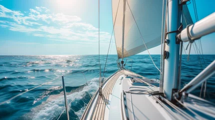 Gordijnen Close-up sailboat sailing on the expansive blue sea © mikeosphoto
