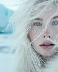 Portrait of a beautiful white hair blond girl with blue eyes in winter clothes. Teenage girl with windswept platinum blonde hair, fair porcelain skin.