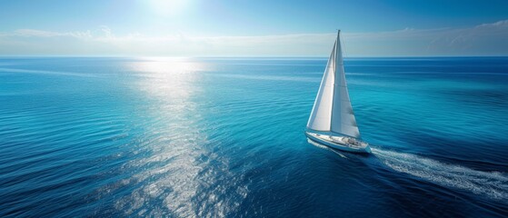 A sailboat with white sails catches the breeze on a tranquil, deep blue sea, reflecting the calm of...