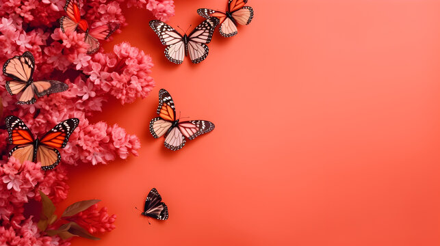 Spring Two Butterflies Colored Cartoon Free Vector,,
 Orange monarch butterflies and pink flowers on a bright red background summer spring background free space for text

