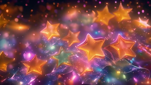 Star sparkles rainbow effect. Shiny glitter Star-shaped. 4k background effect. Sparkling lights moving around rainbow colors