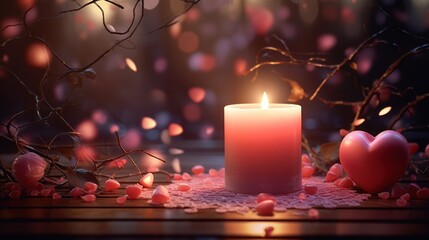 A lit candle sits on a table, surrounded by red, heart-shaped decorations and branches with pink berries.