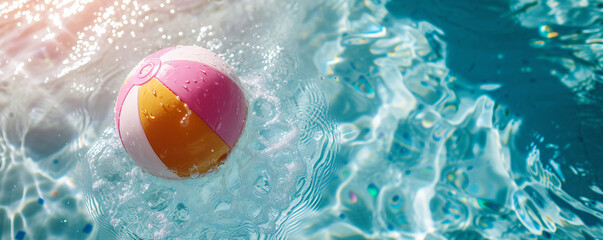 Summer holidays background with colorful beach ball with water splash floating on swimming pool and...