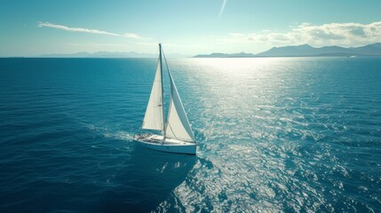 A sailboat with billowed sails cuts through glistening sea waters, with a mountain range silhouetted on the horizon