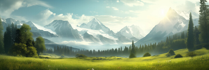 Beauty of mountains, trees, and grass in a scenic landscape.