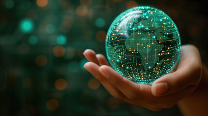 A hand cradles a glowing digital globe, symbolizing global connectivity and the digital revolution that has made the world a fingertip away. - obrazy, fototapety, plakaty