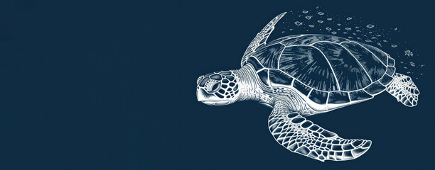 Graceful sea turtle sketch gliding over deep blue background, artistic marine life concept - obrazy, fototapety, plakaty