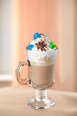 Chocolate tasty drink with whipped cream.