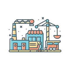 2d vector illustration icon, shape line , architecture factory industrial and town with home
