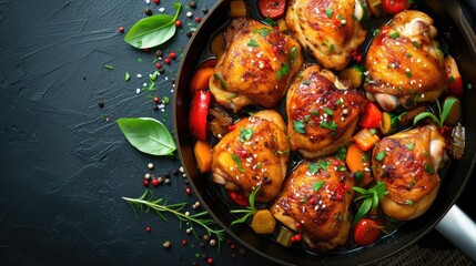 Grilled chicken thighs with vegetables in a pan - obrazy, fototapety, plakaty