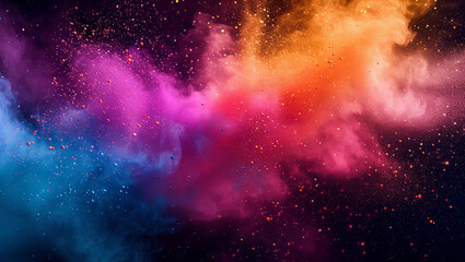 Colorful dust. An explosion of particles of bright colors. Colored background with lots of dust of different colors, explosion of colors. - obrazy, fototapety, plakaty