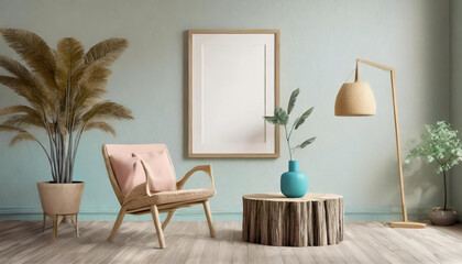 lounge chair and wood stump side table with empty blank mock up frame, Rustic minimalist home interior