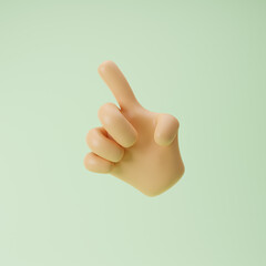 Cartoon emoji hand showing one finger or pointing gesture isolated over green background. 3d rendering.