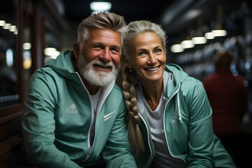 happy romantic elderly couple together in the sports and fitness room