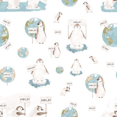 Penguins save Planet seamless pattern. Global warming concept. Climate change concept illustration - 729605074