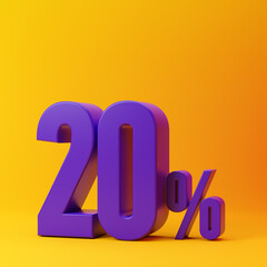 Purple twenty percent or 20 % isolated over yellow background. 3D rendering.