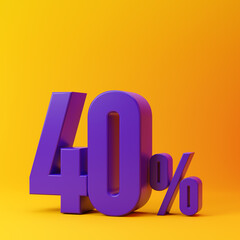 Purple forty percent or 40 % isolated over yellow background. 3D rendering.