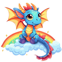 Obraz premium Cute cartoon dragon seat on rainbow isolated on transparent background, png