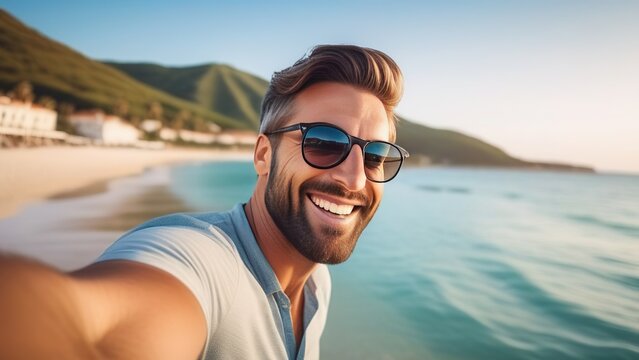 A handsome young man in sunglasses taking a selfie on summer vacation day, A happy tourist smiling at the camera outside. A tourist strolling along the beach