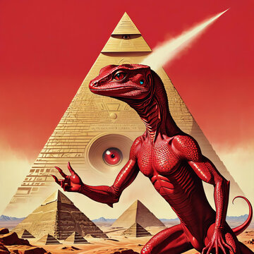 Dystopian Illuminati Conspiracy - Retro-futuristic scene with lizard person, pyramid, and alien technology Gen AI