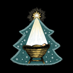 Obraz premium The Nativity Scene. A hand-drawn manger for the baby Jesus. The Star of Bethlehem above the stable where the Savior of the world was born.