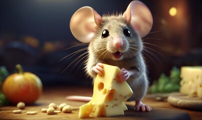 Funny Mouse eats cheese - obrazy, fototapety, plakaty