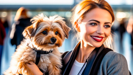 A woman with red lipstick holding a small dog in her arms. - obrazy, fototapety, plakaty