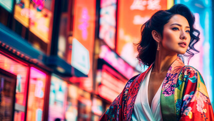 An Asian woman in a kimono stands in front of a building with colorful signs.