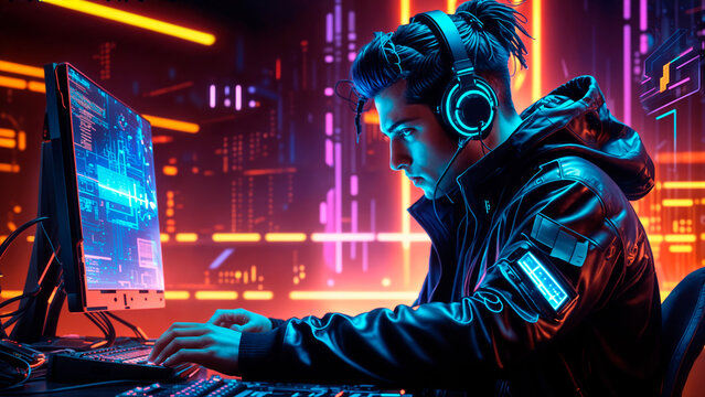 A hacker in a black hoodie  sits in front of two computer screens with neon lights.
