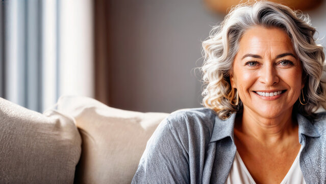 An older adult woman with curly hair is sitting on a gray sofa.
