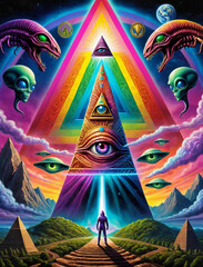 Eccentric Illuminati Mind Control Ritual with Alien Creatures and Cryptic Symbol Gen AI - obrazy, fototapety, plakaty
