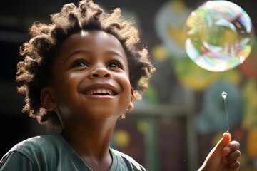 Fototapeta premium happy african boy playing with soap bubbles. leisure and recreation for children