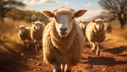 Fototapeta premium Cute lamb grazing in green meadow, farmer organic beauty generated by AI