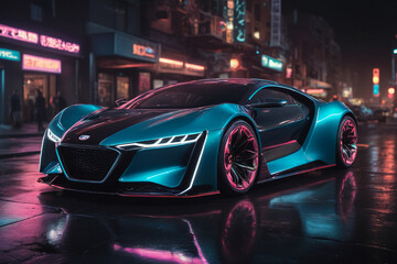 Fototapeta premium Futuristic car vehicle at night in city