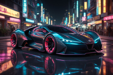 Futuristic car vehicle at night in city