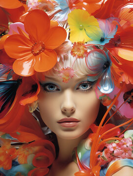 Fashion portrait of a beautiful young model woman with plastic flowers, woman with flowers on head, summer and female beauty concept, Fantasy photo of a woman in plastic flowers.