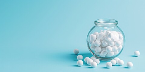 Streamlined Healthcare: A Clear Jar of White Medicinal Pills Against a Serene Blue Background, Symbolizing Modern Medical Simplicity and Effectiveness, Generative AI