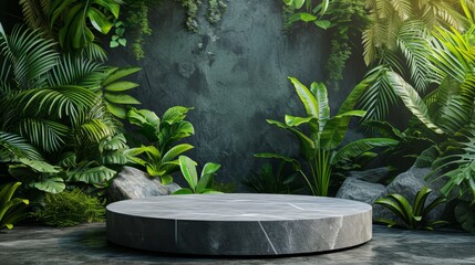advertising podium stand with a stunning tropical jungle leaf background