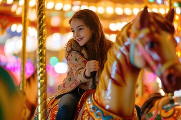 little girl expressing excitement on colorful carousel, merry go round, having fun at amusement park