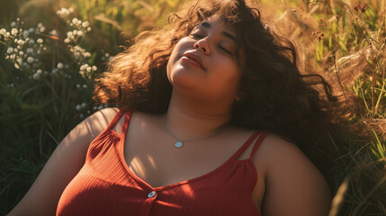 body positive woman relax in nature . relax sun and shadows - obrazy, fototapety, plakaty