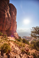 Sunlit Red Rock Formation, Desert Vegetation, Sedona Landscape