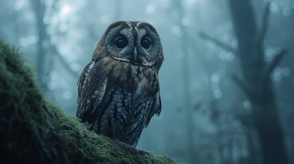 A wise old owl perched on a moss-covered tree branch in a misty forest