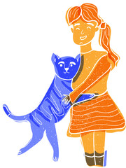 A happy girl hugs her domestic cat. Vector doodle illustration with retro risograph effect. The kitty's owner cuddles her pet with love and caress.