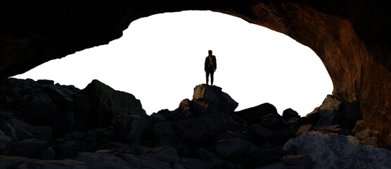 Adventure Man Hiker standing in Cave on Mountain Peak. PNG Cutout. 3d Rendering.