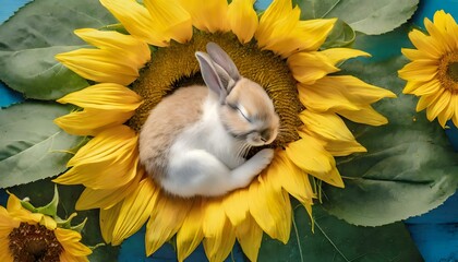 baby bunny asleep in a sunflower