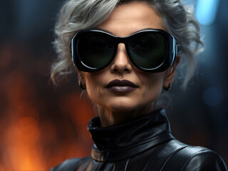 Middle aged woman with sunglasses. Futuristic style. Matute lady. Portrait. Photography.