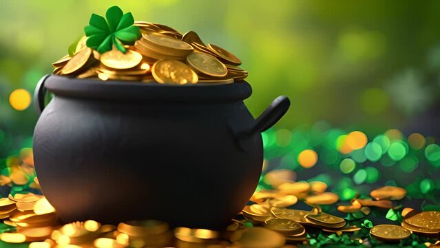Saint Patrick s Day. Pot full of golden coins.Traditional Irish symbol of success and luck. Leprechaun s gold. Celebrative, festive 3D Render concept green background 4k