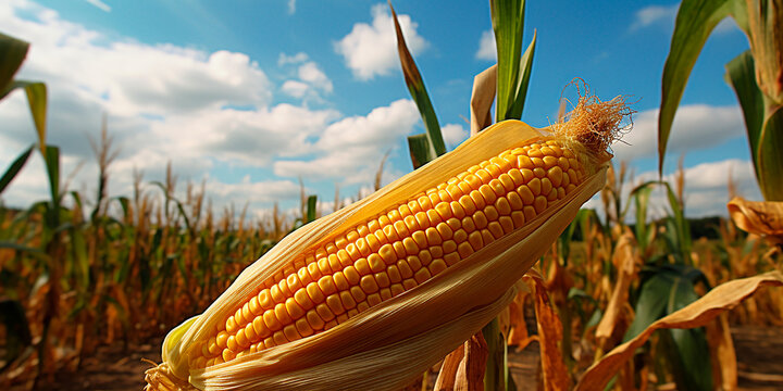 Photorealistic image of a corn field. Corn on the plantation.